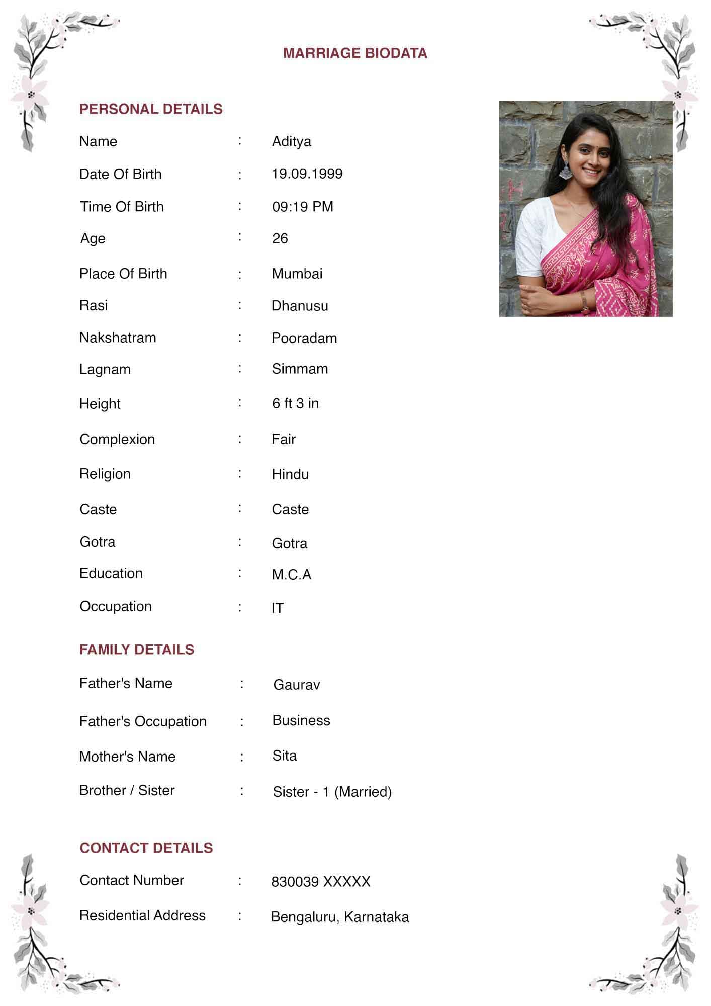 elegant marriage biodata format for girl with traditional design