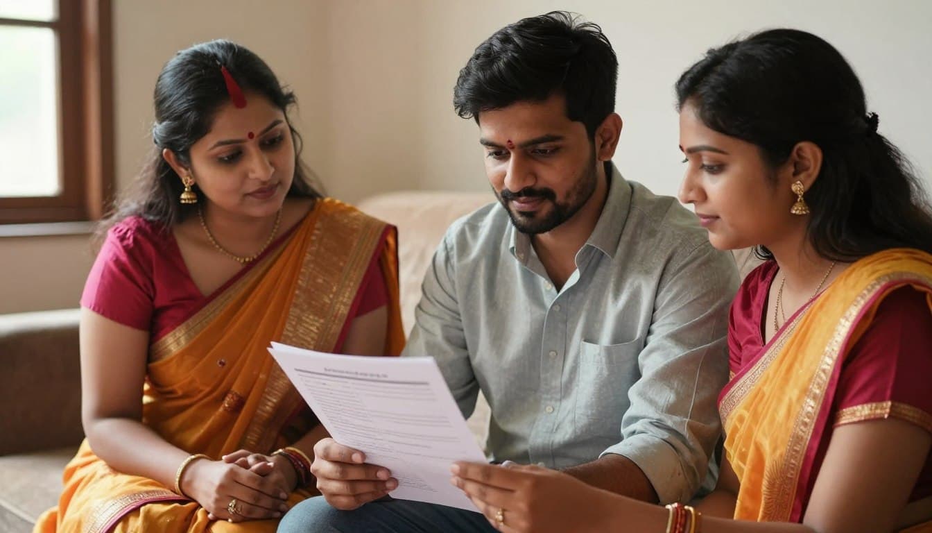 Indian family reviewing marriage biodata together