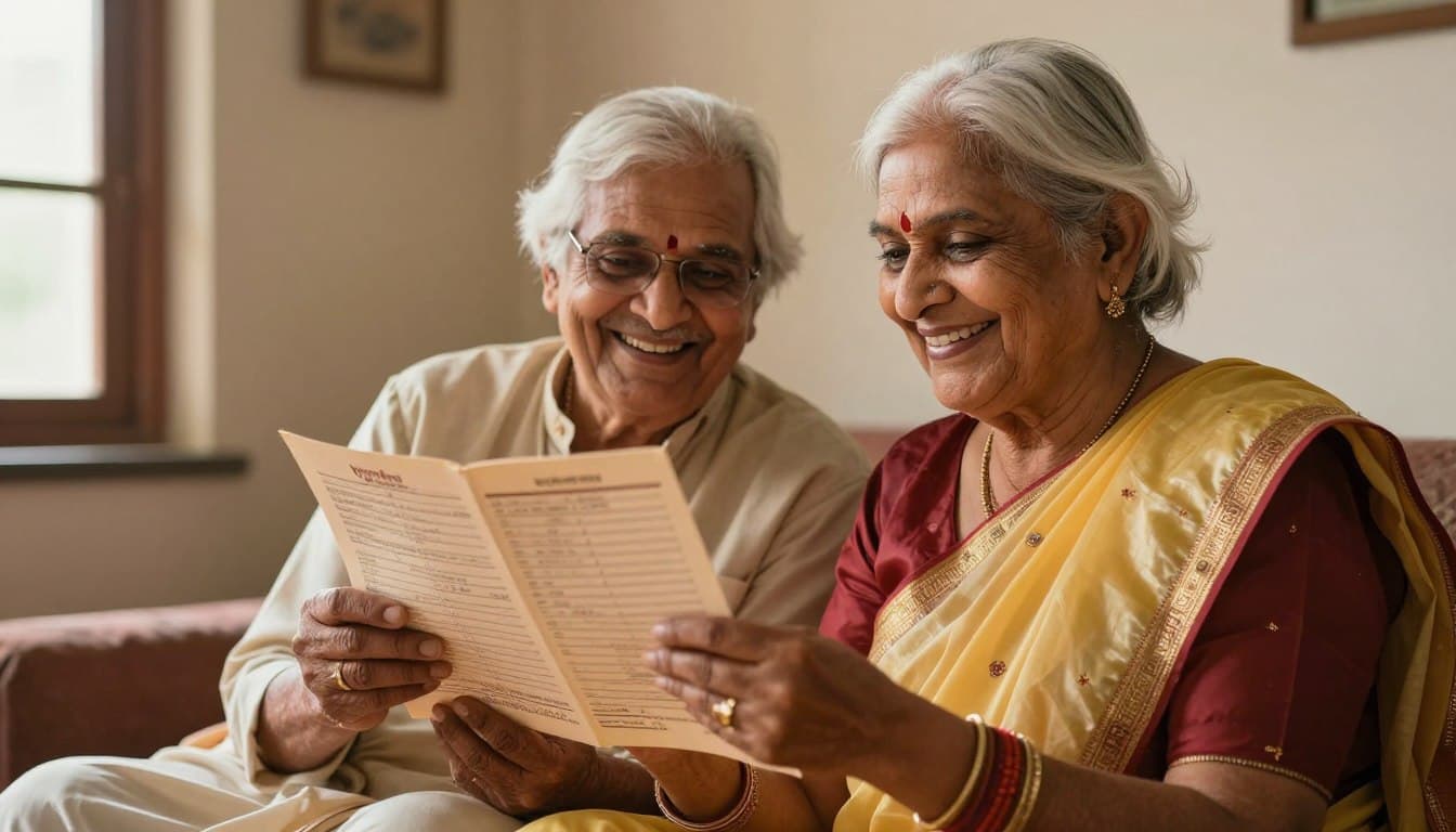 elderly Indian couple reading biodata in their language