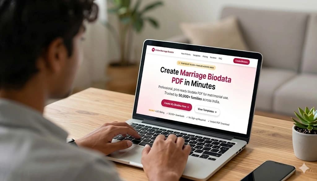 person creating biodata on laptop at home