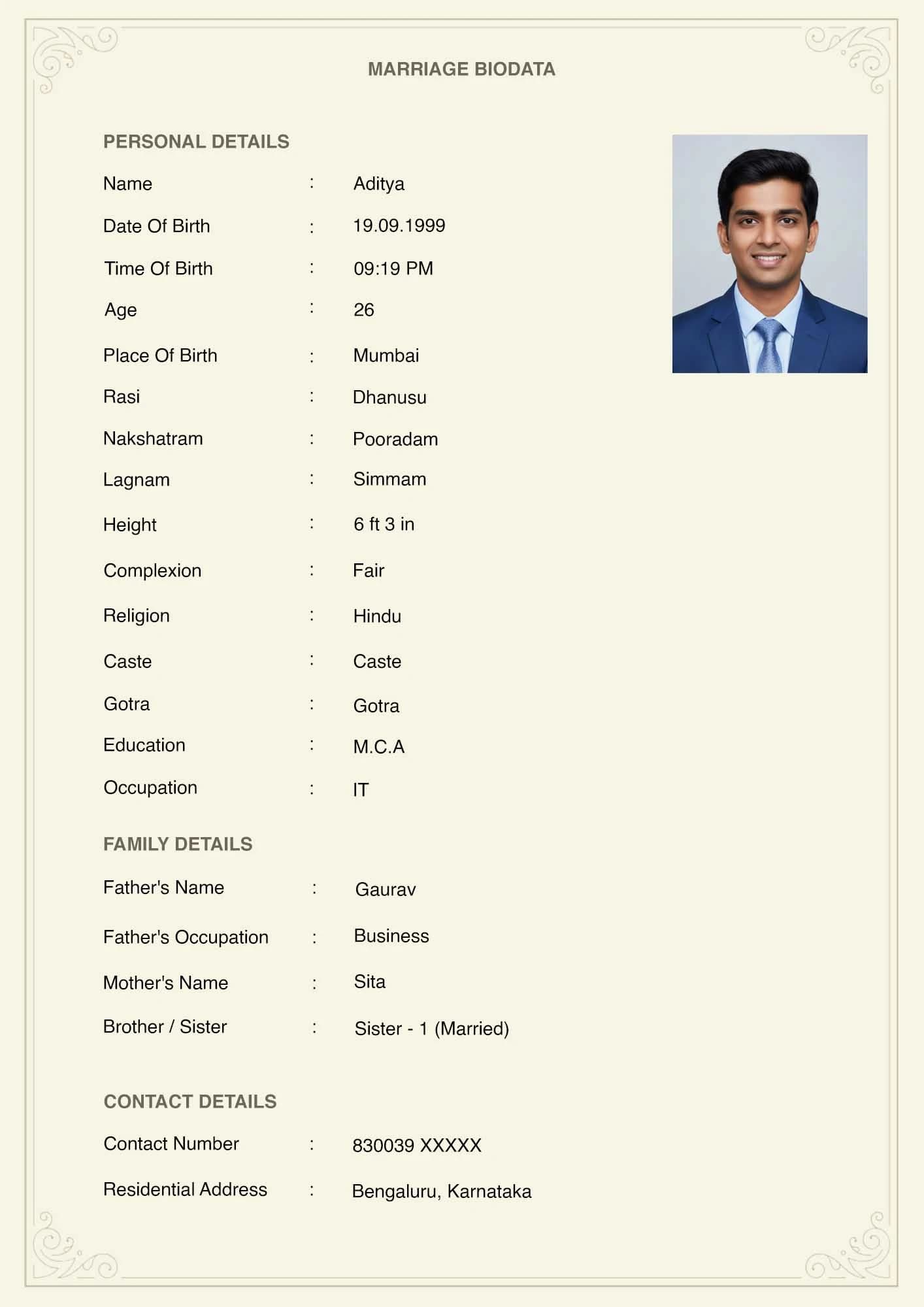 traditional marriage biodata with ornate border